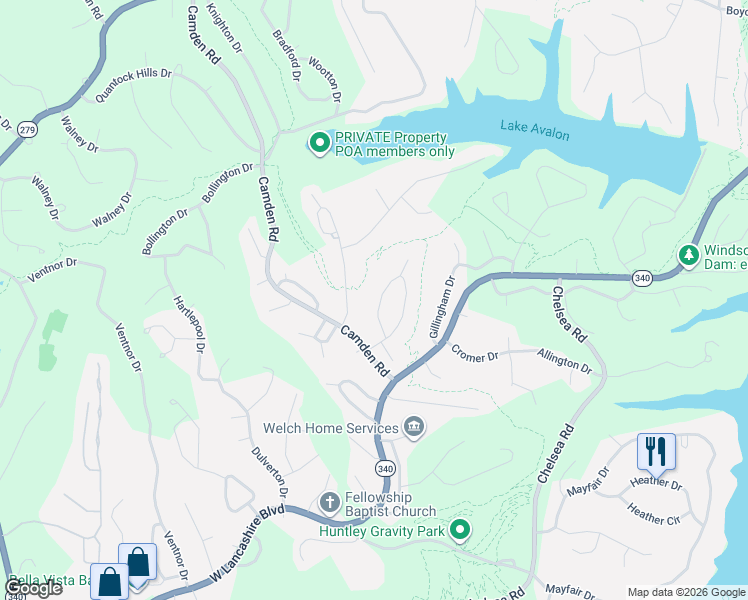 map of restaurants, bars, coffee shops, grocery stores, and more near 40 Thaxted Drive in Bella Vista