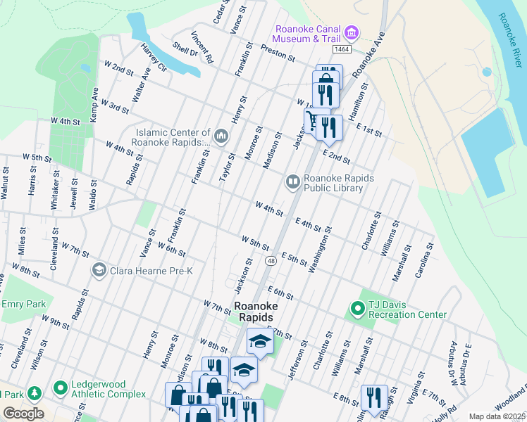 map of restaurants, bars, coffee shops, grocery stores, and more near 166 West 4th Street in Weldon
