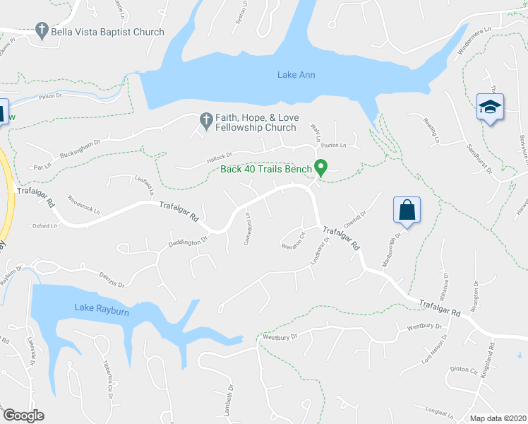 map of restaurants, bars, coffee shops, grocery stores, and more near 6 Boscastle Lane in Bella Vista