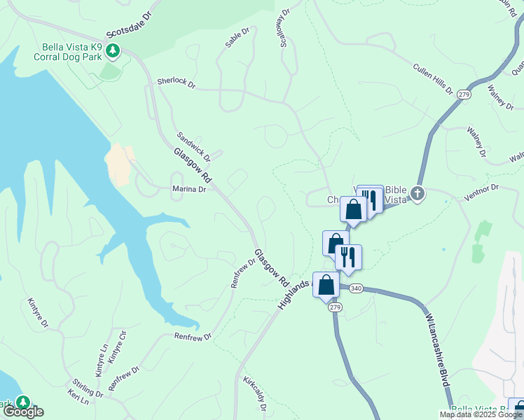 map of restaurants, bars, coffee shops, grocery stores, and more near 33 Dunedin Drive in Bella Vista