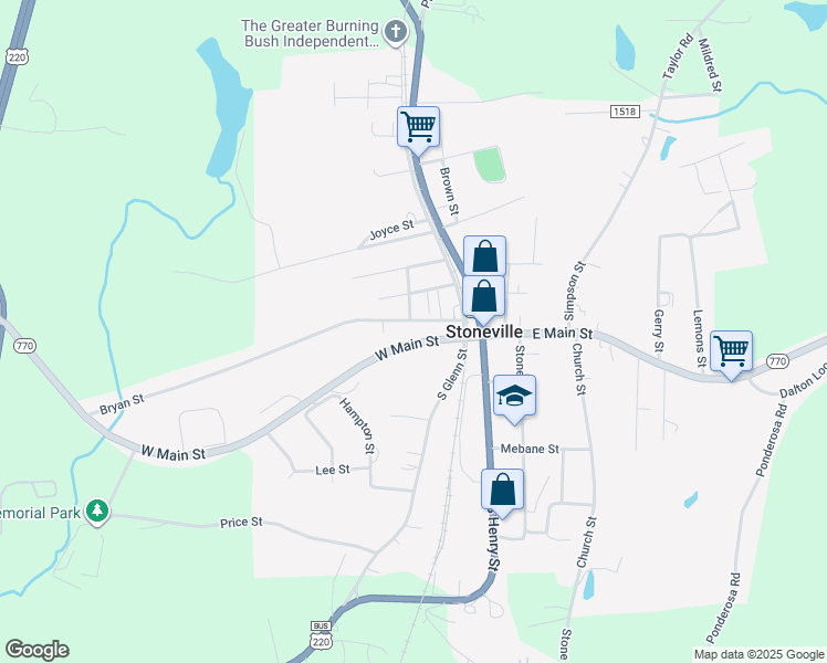 map of restaurants, bars, coffee shops, grocery stores, and more near 107 Bryan Street in Stoneville