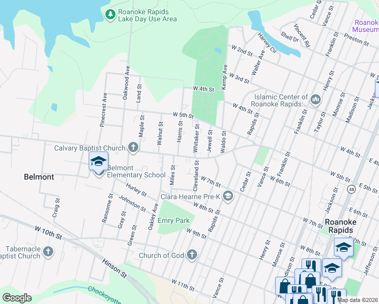 map of restaurants, bars, coffee shops, grocery stores, and more near 1104 Bolling Road in Roanoke Rapids