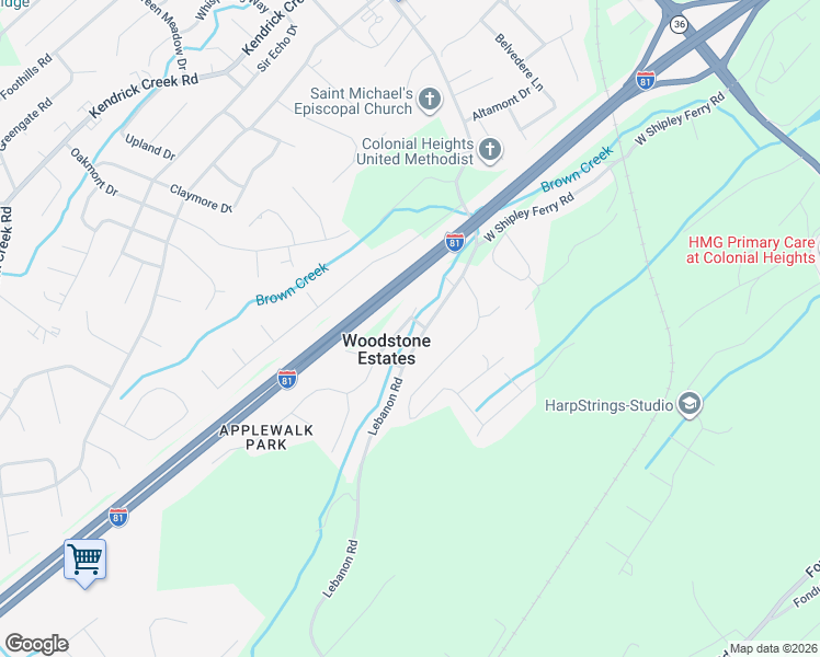 map of restaurants, bars, coffee shops, grocery stores, and more near 3022 Winesap Road in Kingsport