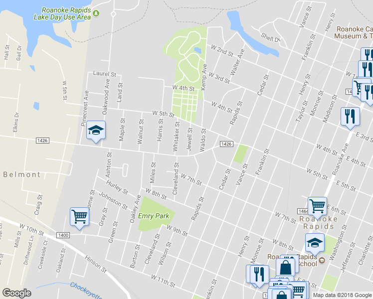 map of restaurants, bars, coffee shops, grocery stores, and more near 583 Jewell Street in Roanoke Rapids