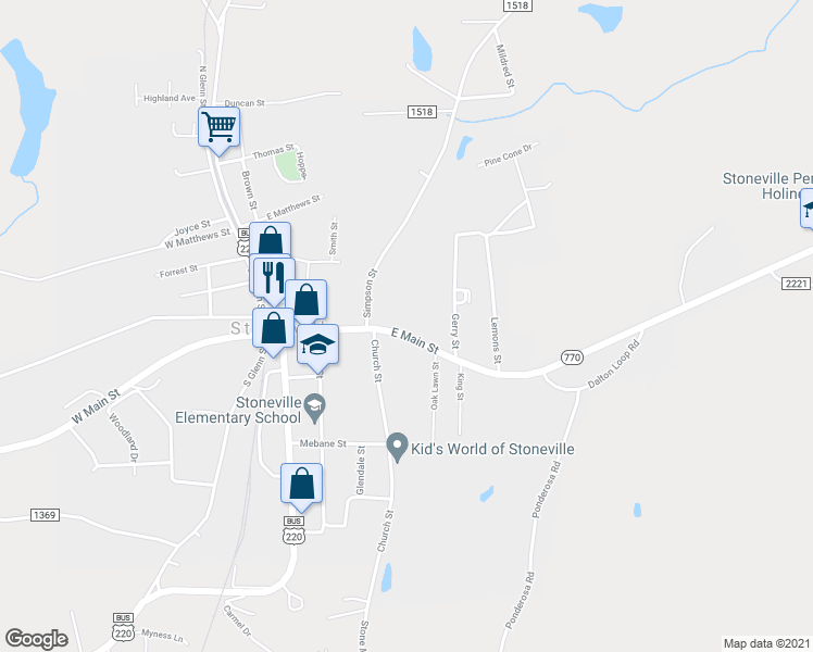 map of restaurants, bars, coffee shops, grocery stores, and more near 311 East Main Street in Stoneville
