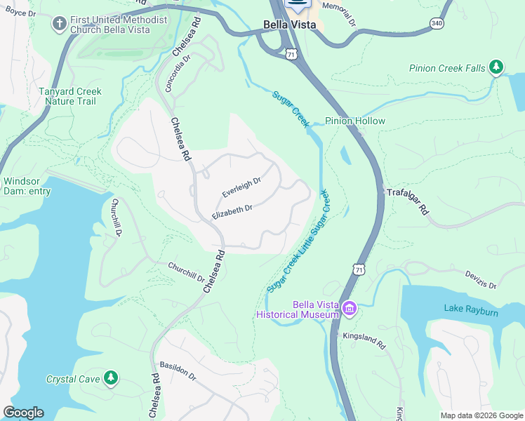 map of restaurants, bars, coffee shops, grocery stores, and more near 20 Elizabeth Drive in Bella Vista
