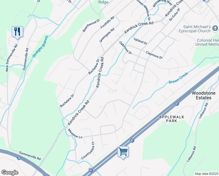 map of restaurants, bars, coffee shops, grocery stores, and more near 3188 Tiffany Court in Kingsport