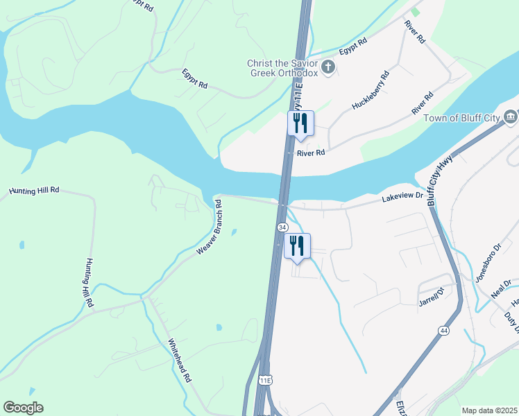 map of restaurants, bars, coffee shops, grocery stores, and more near 4516 Highway 11 East in Bluff City