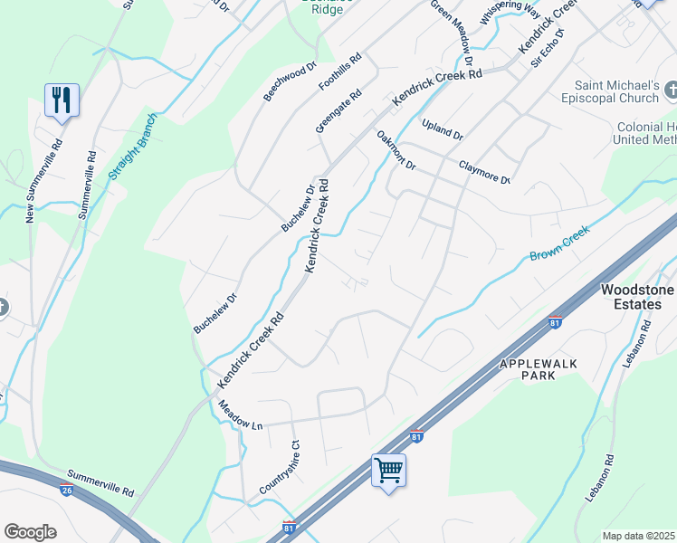 map of restaurants, bars, coffee shops, grocery stores, and more near 3188 Tiffany Court in Kingsport