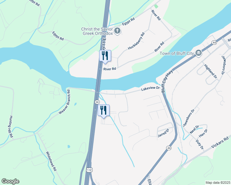 map of restaurants, bars, coffee shops, grocery stores, and more near 254 Lakeview Drive in Bluff City