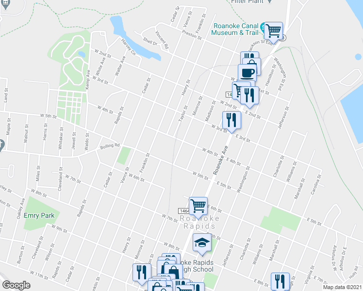 map of restaurants, bars, coffee shops, grocery stores, and more near 413 Monroe Street in Roanoke Rapids