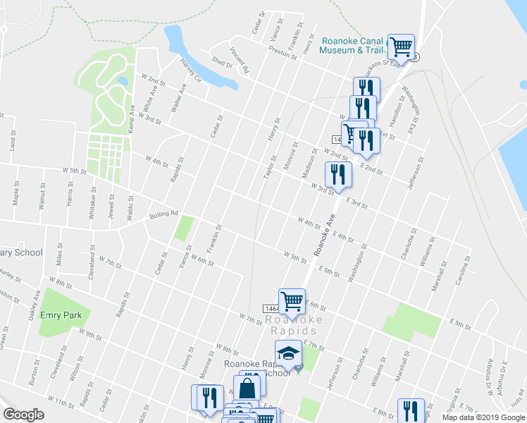 map of restaurants, bars, coffee shops, grocery stores, and more near 417 Monroe Street in Roanoke Rapids