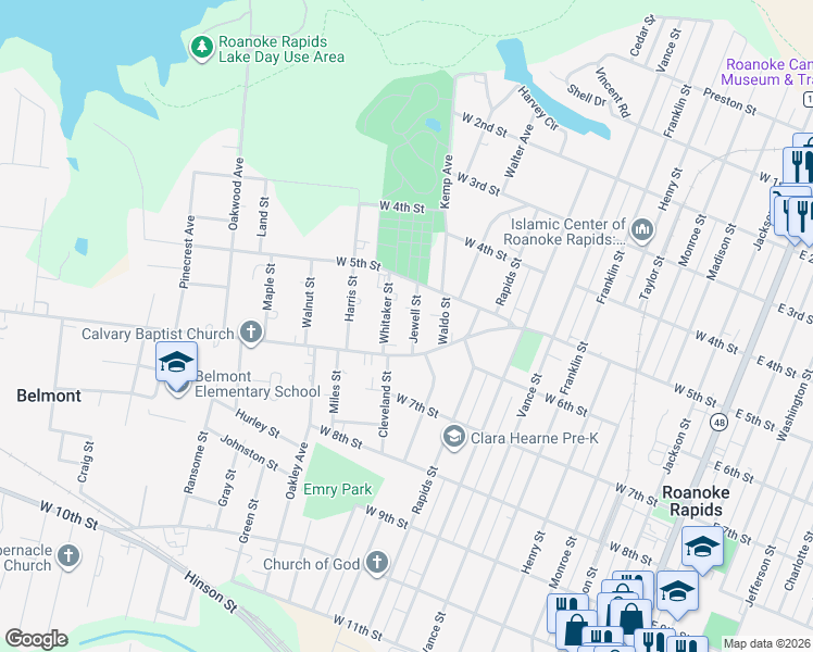 map of restaurants, bars, coffee shops, grocery stores, and more near 583 Jewell St in Roanoke Rapids