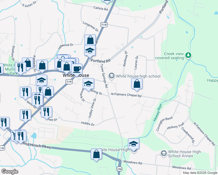 map of restaurants, bars, coffee shops, grocery stores, and more near 115 Tyree Springs Road in White House