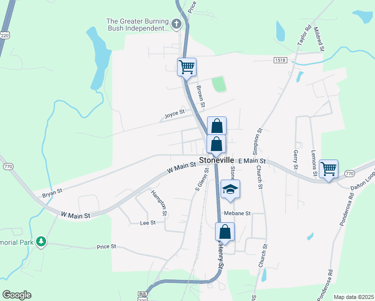 map of restaurants, bars, coffee shops, grocery stores, and more near 107 Bryan Street in Stoneville