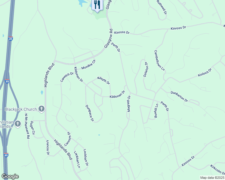 map of restaurants, bars, coffee shops, grocery stores, and more near 2 Kilsyth Drive in Bella Vista