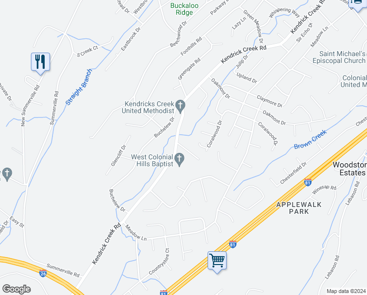 map of restaurants, bars, coffee shops, grocery stores, and more near 3123 Tiffany Court in Kingsport