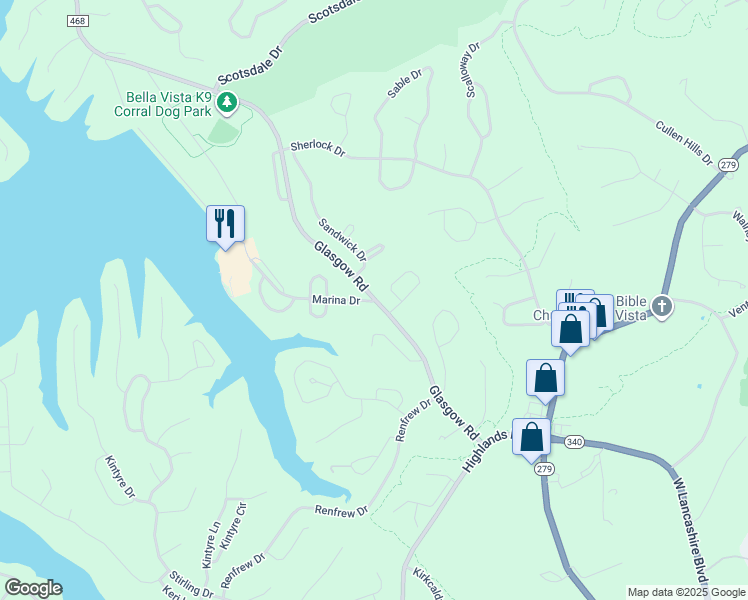 map of restaurants, bars, coffee shops, grocery stores, and more near 2 Marina Drive in Bella Vista