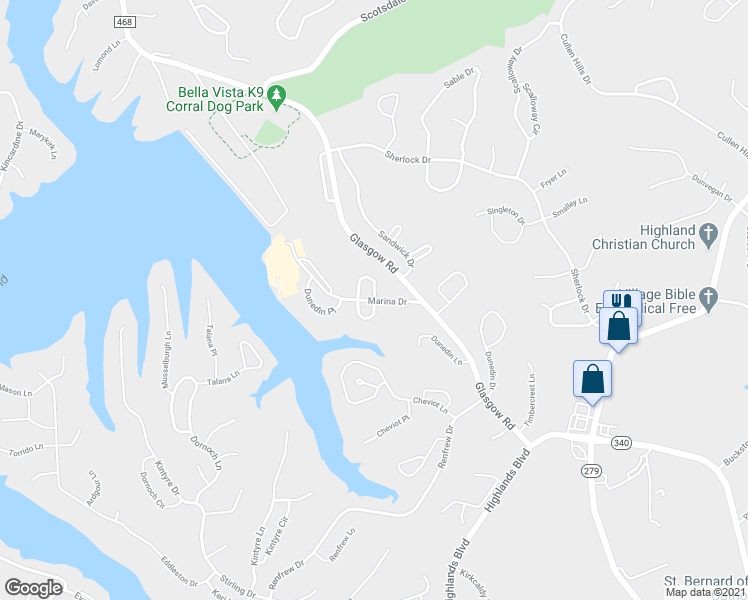 map of restaurants, bars, coffee shops, grocery stores, and more near 1 Marina Dr in Bella Vista