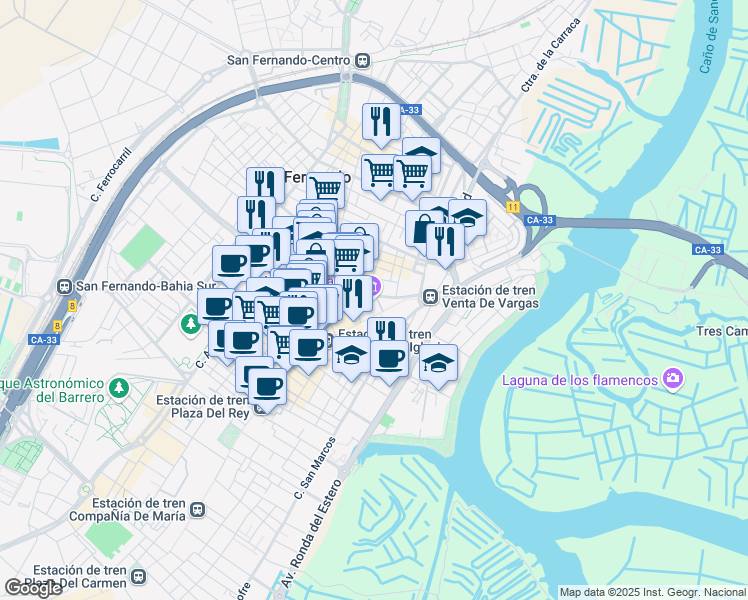 map of restaurants, bars, coffee shops, grocery stores, and more near 9999 Calle Arias de Miranda in San Fernando