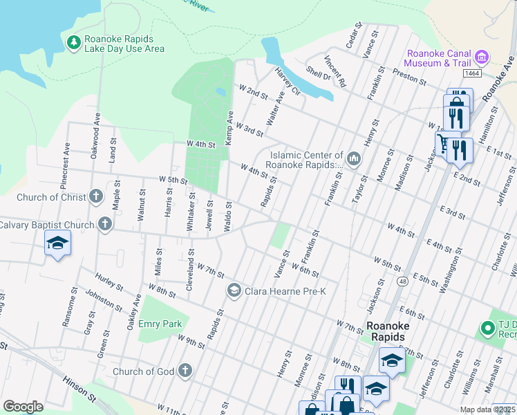 map of restaurants, bars, coffee shops, grocery stores, and more near 485 Rapids Street in Roanoke Rapids