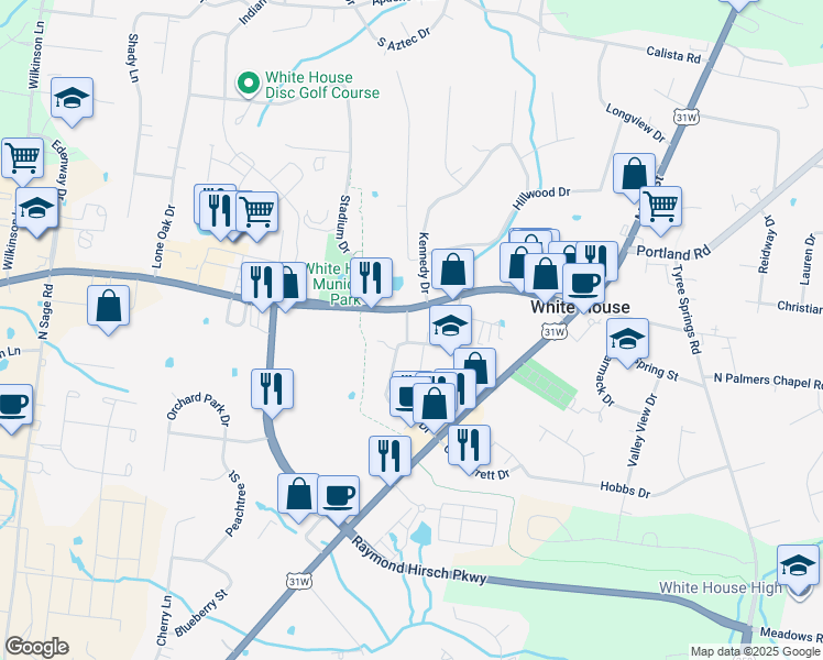 map of restaurants, bars, coffee shops, grocery stores, and more near 317 Tennessee 76 in White House