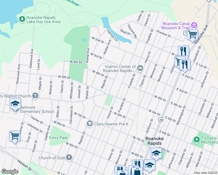 map of restaurants, bars, coffee shops, grocery stores, and more near 427 Cedar Street in Roanoke Rapids