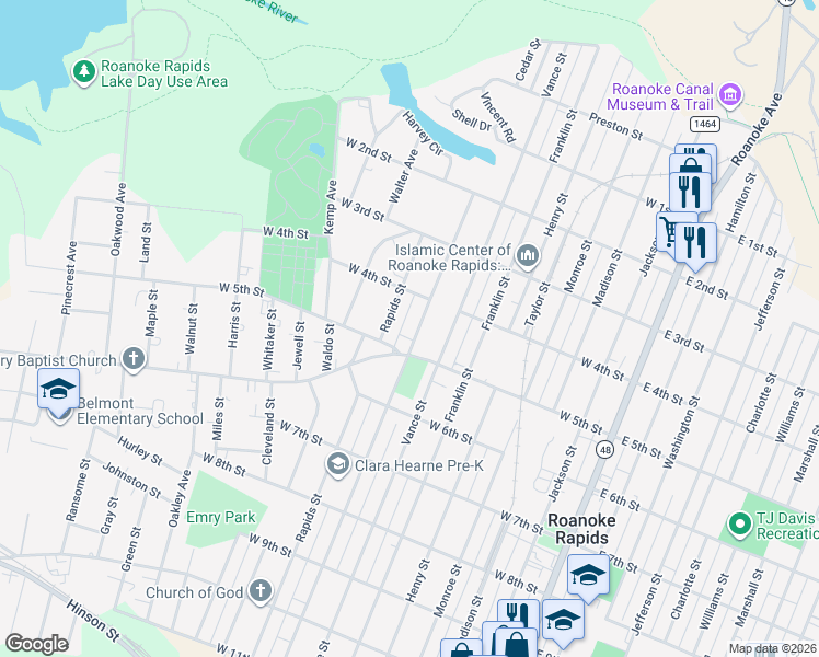 map of restaurants, bars, coffee shops, grocery stores, and more near 427 Cedar Street in Roanoke Rapids