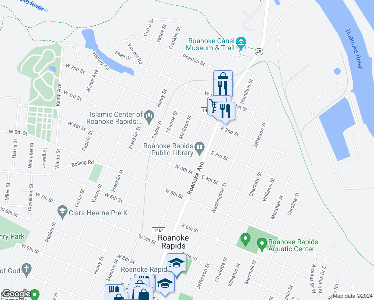 map of restaurants, bars, coffee shops, grocery stores, and more near 308 Madison Street in Roanoke Rapids