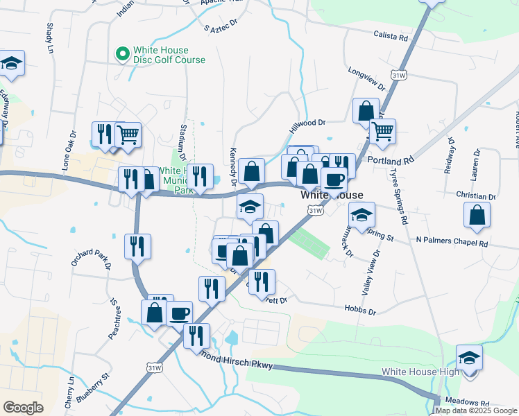 map of restaurants, bars, coffee shops, grocery stores, and more near 124 Whitehaven Court in White House