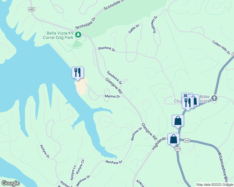 map of restaurants, bars, coffee shops, grocery stores, and more near 2 Marina Circle North in Bella Vista