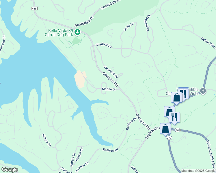 map of restaurants, bars, coffee shops, grocery stores, and more near 2 Marina Circle North in Bella Vista