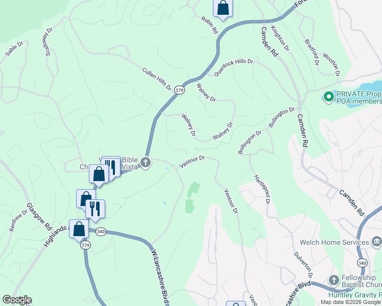 map of restaurants, bars, coffee shops, grocery stores, and more near 32 Scarborough Lane in Bella Vista