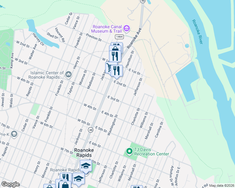 map of restaurants, bars, coffee shops, grocery stores, and more near 254 Hamilton Street in Roanoke Rapids