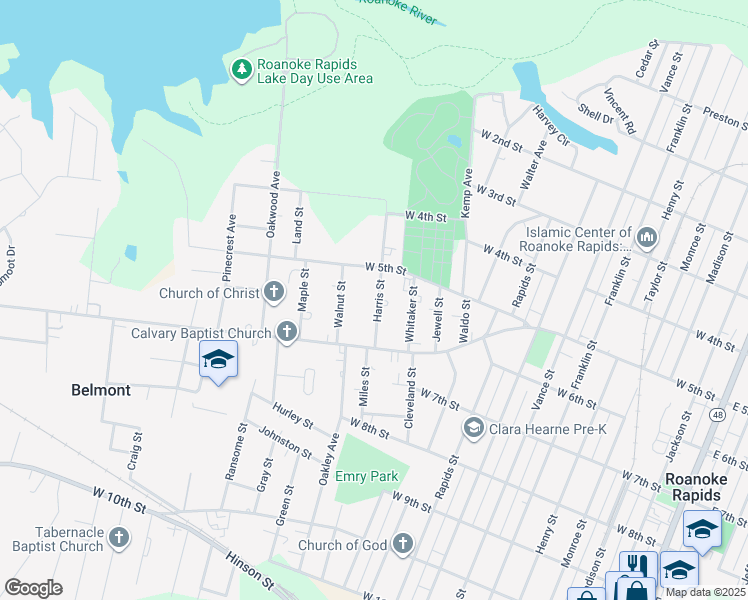 map of restaurants, bars, coffee shops, grocery stores, and more near 515 Harris Street in Roanoke Rapids