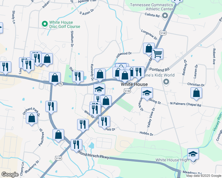 map of restaurants, bars, coffee shops, grocery stores, and more near 100 Whitehaven Court in White House