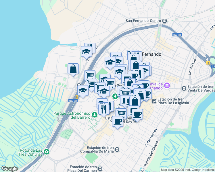 map of restaurants, bars, coffee shops, grocery stores, and more near 36 Calle Muros in San Fernando