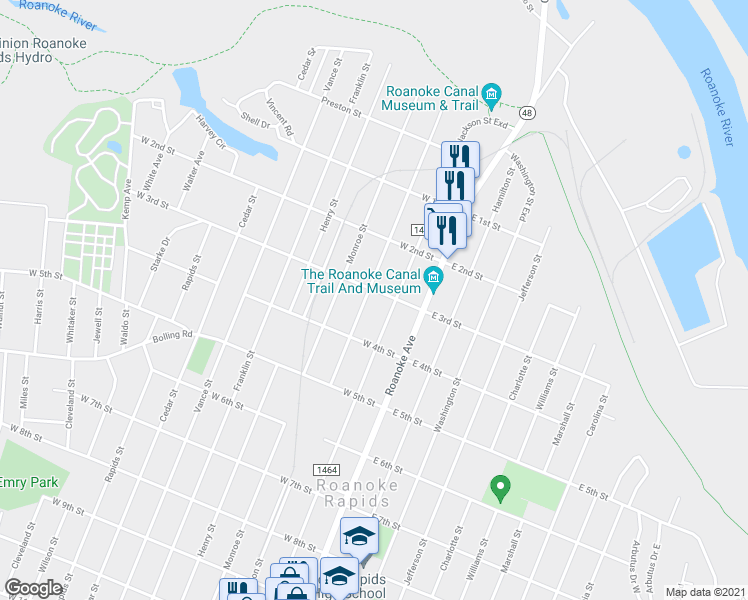 map of restaurants, bars, coffee shops, grocery stores, and more near 318 Madison Street in Roanoke Rapids