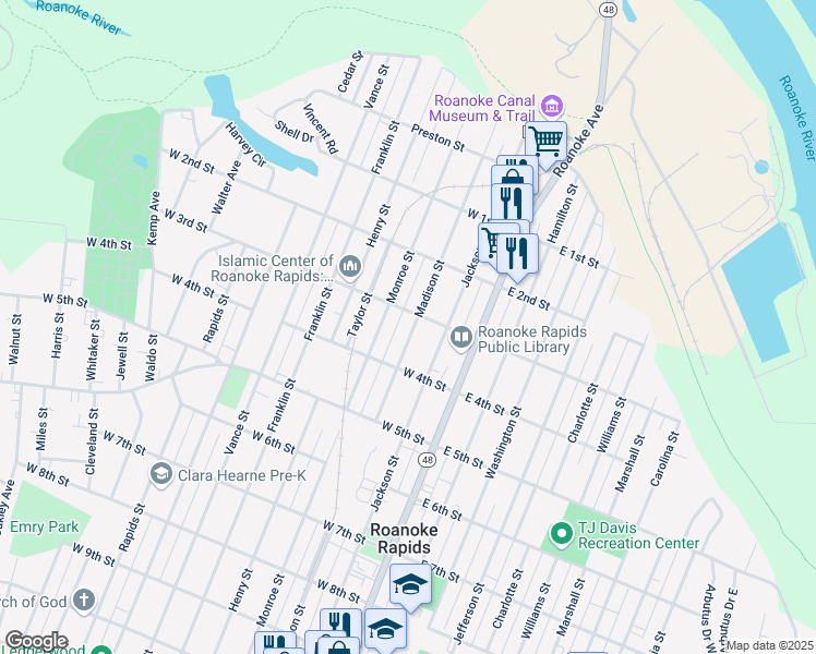 map of restaurants, bars, coffee shops, grocery stores, and more near 308 Madison Street in Roanoke Rapids