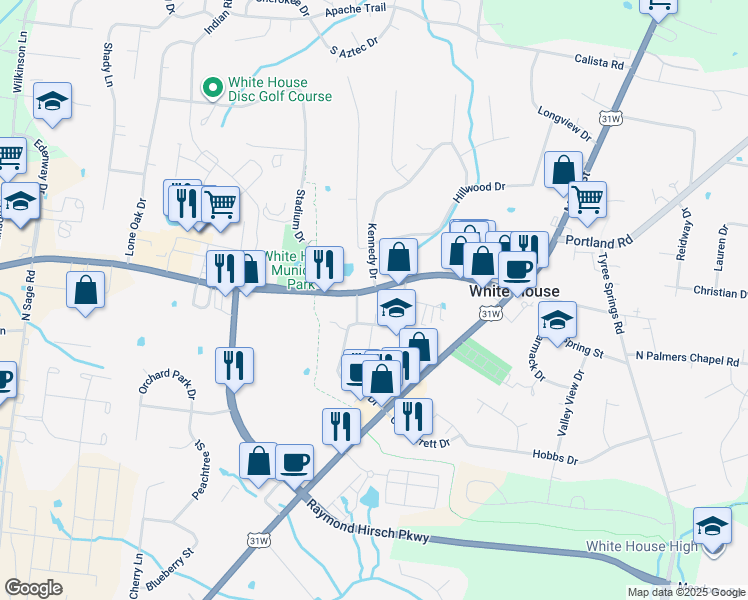 map of restaurants, bars, coffee shops, grocery stores, and more near 317 Tennessee 76 in White House