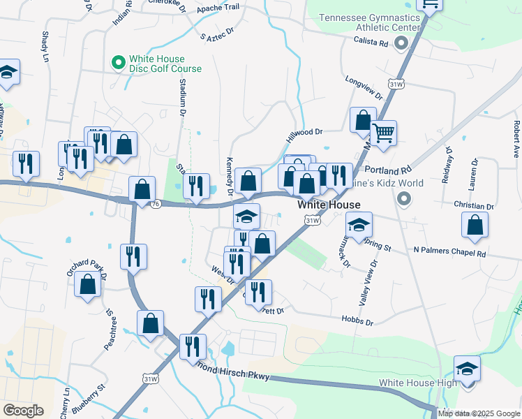 map of restaurants, bars, coffee shops, grocery stores, and more near 124 Whitehaven Court in White House