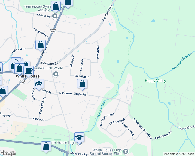 map of restaurants, bars, coffee shops, grocery stores, and more near 212 Robert Avenue in White House