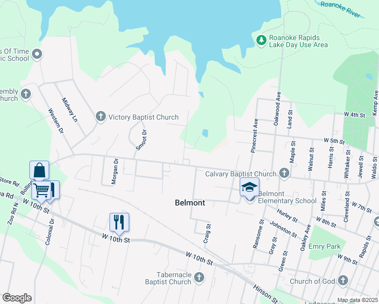 map of restaurants, bars, coffee shops, grocery stores, and more near 514 Elkins Drive in Roanoke Rapids