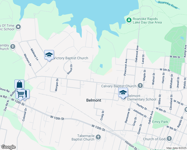 map of restaurants, bars, coffee shops, grocery stores, and more near 514 Elkins Drive in Roanoke Rapids