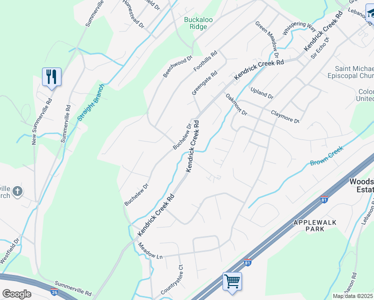 map of restaurants, bars, coffee shops, grocery stores, and more near 1188 Kendrick Creek Road in Colonial Heights