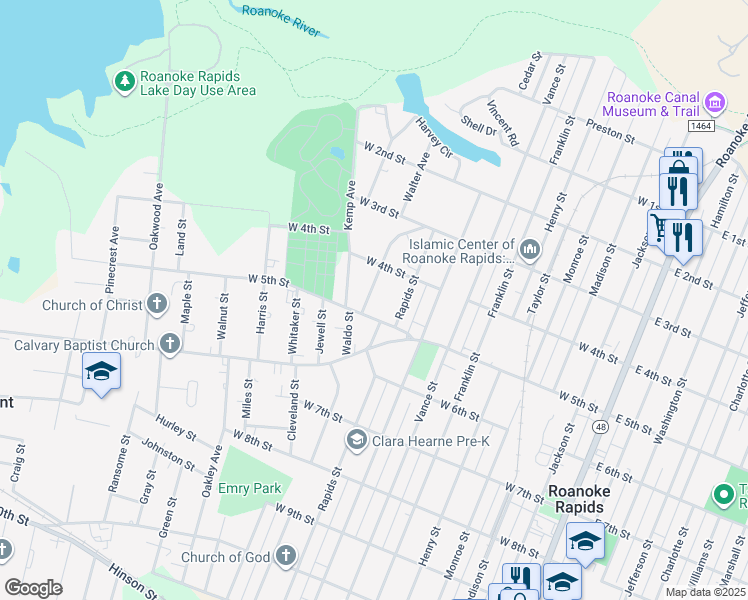 map of restaurants, bars, coffee shops, grocery stores, and more near 485 Rapids Street in Roanoke Rapids