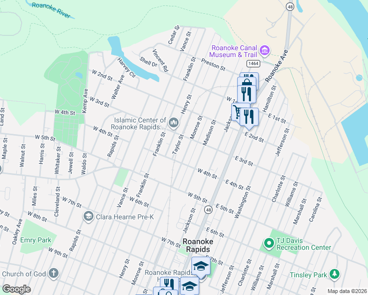 map of restaurants, bars, coffee shops, grocery stores, and more near 316 Monroe Street in Roanoke Rapids