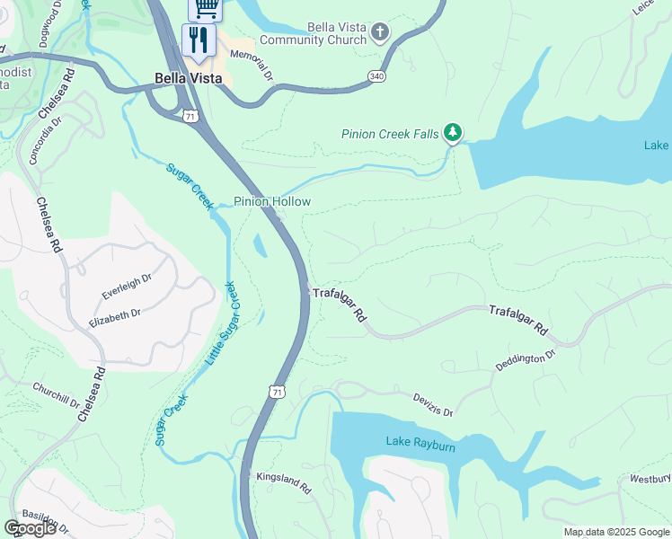 map of restaurants, bars, coffee shops, grocery stores, and more near 95 Buckingham Drive in Bella Vista