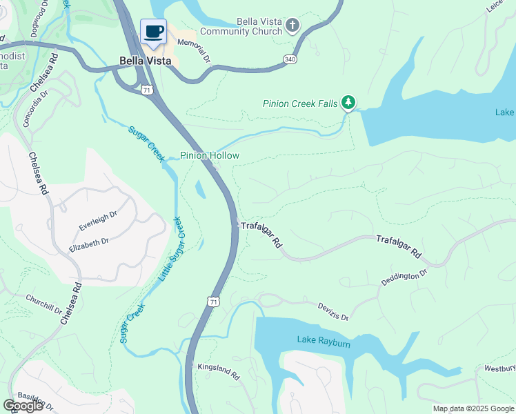 map of restaurants, bars, coffee shops, grocery stores, and more near 95 Buckingham Drive in Bella Vista