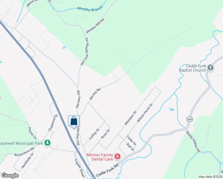map of restaurants, bars, coffee shops, grocery stores, and more near 345 McVey Road in Tazewell